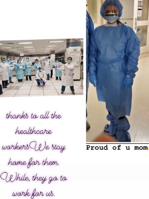 On the left, a group of healthcare workers do their duties, especially during the pandemic, by caring for sick people. On the right, a photo of my mother, who is also a healthcare worker, doing her job of serving and treating sick people while taking proper safety precautions. Finally, we want to thank all of our healthcare personnel and everyone who helped us throughout Covid-19. They stayed at work to care and protect everyone! As a result, we should raise funds to donate to hospitals so that they can purchase vital supplies and equipment to treat for our loved ones and community. Thank you!